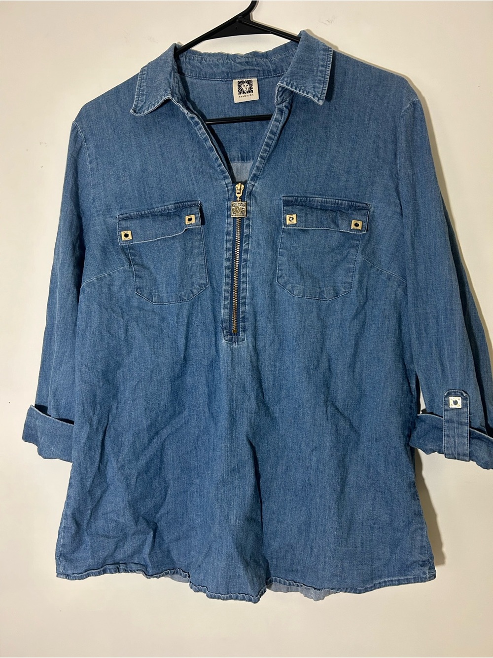 Anne Klein Denim Chambray Quarter-Zip Tunic Blouse Medium